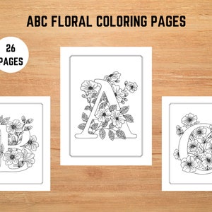 ABC Floral Coloring Pages, Alphabet Coloring Book for Adults, A-Z Large Letters, Floral Art, PDF Digital Download