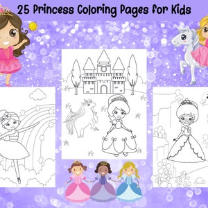 25 Cute Princess Printable Coloring Pages for Kids - Princess Coloring Book for Girls - Instant Download