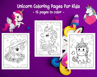 Puede incluir: Tres páginas para colorear en blanco y negro con lindos unicornios. Las páginas se titulan "Unicorn Coloring Pages for Kids - 15 pages to color -"