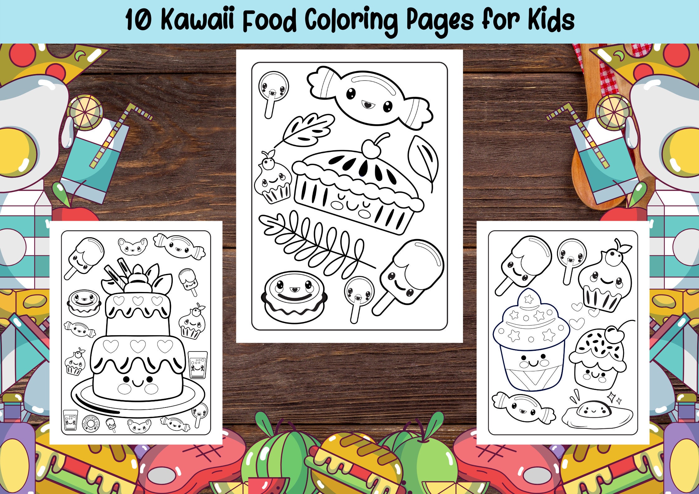 Food Coloring Pages for Kids Boys and Girls 10 Printable Pages Kawaii ...