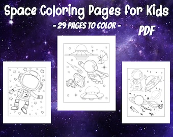 May include: Three black and white space-themed coloring pages for children. The pages feature astronauts, planets, spaceships, and stars. The text at the top reads "Space Coloring Pages for Kids - 29 PAGES TO COLOR - PDF".