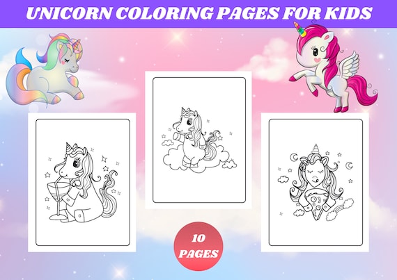 Unicorn Coloring Page, 10 Unicorns Fantasy Printable Pages