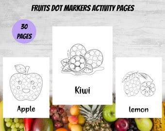 May include: Black and white printable activity pages featuring 30 dot marker activities for kids. The pages feature images of an apple, kiwi, and lemon. The text "FRUITS DOT MARKERS ACTIVITY PAGES" is at the top of the image. The text "30 PAGES" is in a circle at the top left of the image.
