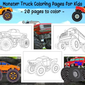 Monster Truck Coloring Pages for Kids - 20 Printable Pages - Amazing Monster Truck Coloring Book - Instant Download