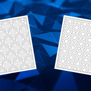 May include: Two black and white coloring pages with geometric patterns. The first page features a repeating pattern of circles and squares. The second page features a repeating pattern of stars and circles.