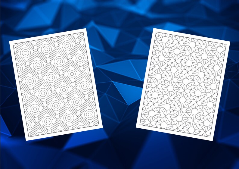 May include: Two black and white coloring pages with geometric patterns. The first page features a repeating pattern of circles and squares. The second page features a repeating pattern of stars and circles.