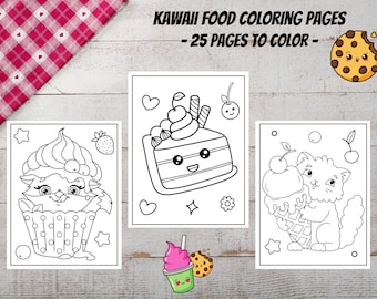 Kawaii Food Coloring Pages, Cute Desserts, 25 Pages (PDF)