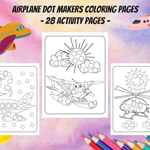 Peut inclure: Pages à colorier en noir et blanc représentant des avions, des hélicoptères et une lune. Les pages sont conçues pour être utilisées avec des marqueurs à points. Le titre de l'ensemble est "Airplane Dot Makers Coloring Pages - 28 Activity Pages - "