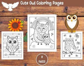 Cute Owl Coloring Pages - 9 Printable Designs (Digital Download)