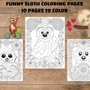 Sloth Coloring Pages - 10 Printable Pages - Cute Sloth Coloring Book for Kids, Teens, Adults