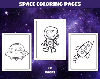 May include: Three black and white coloring pages featuring a spaceship, an astronaut, and a rocket. The pages are set against a purple and black starry background. The text "10 PAGES" is visible below the images.