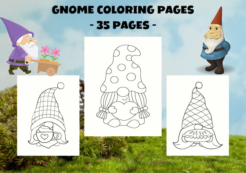 May include: A set of 35 coloring pages featuring gnomes with different expressions and accessories. The gnomes are wearing hats and holding objects like hearts and cups. The coloring pages are perfect for kids and adults who enjoy coloring.