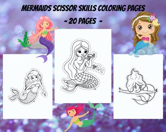 Mermaid Scissor Skills Coloring Pages - 20 Printable Pages - Happy Mermaids Activity Book for Kids