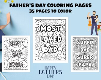 Könnte beinhalten: Drei Schwarzweiß-Malvorlagen mit filigranen Designs und den Worten "Best Dad Ever", "Most Loved Dad" und "Super Dad Super Papa". Die Seiten sind Teil eines Sets mit 35 Malvorlagen zum Vatertag.