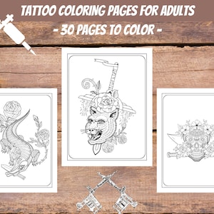 Tattoo Coloring Pages for Adults, 30 Printable Pages, Wonderful Tattoo Designs with Skulls, Flowers, Animals, Fantasy