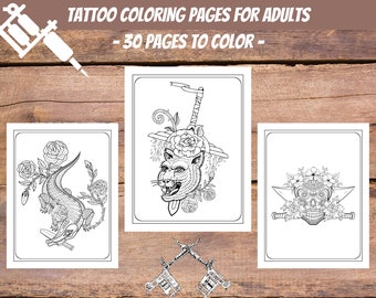 Tattoo Coloring Book: 30 Printable Skull, Flower, Animal Designs (PDF)