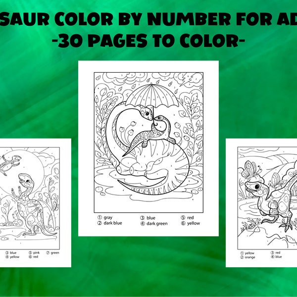 Dinosaur Color by Number for Adults, Color by Number Coloring Books for Adults, Adult Coloring Book with 30 Unique Designs