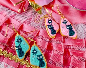 Mid Mod Atomic Kitty Cookies | Handmade Polymer Clay Earrings | Spring Vintage Retro Anthropomorphic Kitschy Cute Boomerang Fifties