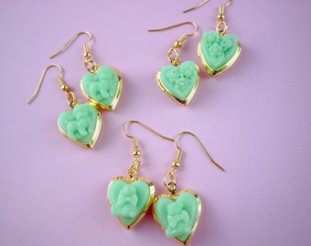 Jadeite Locket Dainty Earrings | Handmade Polymer Clay Earrings | Spring Vintage Retro Anthropomorphic Kitschy Cute Rose O'Neill Mid Century