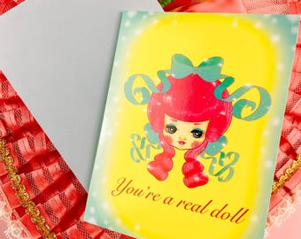 You're a Real Doll | Artist Illustrated Greeting Card | Thank You Card Stationery Paper Bradley Doll Vintage Kitsch Collector Kitschy