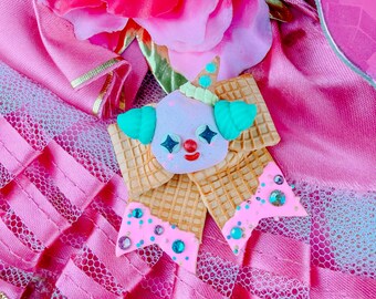 Ice Cream Clown Bow Brooch | Handmade Brooch | Clowncore Vintage Kitsch Summerween