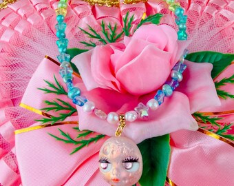 Blythe Pink Moon | Handmade Czech Glass and Freshwater Pearl Necklace | Kewpie Doll Collector Kitsch Junie Moon