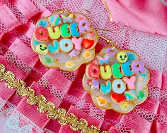 Queer Joy Kewpie Cookie Plate | Handmade Polymer Clay Earrings | Spring Vintage Retro Anthropomorphic Kitschy Cute Rose O'Neill Mid Century