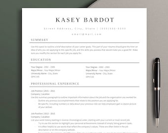 May include: A black and white resume template with the name Kasey Bardot at the top. The resume includes sections for Summary, Education, and Professional Experience.