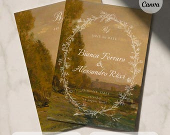 Modello Save the Date Toscana, Invito di matrimonio Italia, Modello Canva con dipinto ad olio vintage, Matrimonio di destinazione europeo, Modificabile
