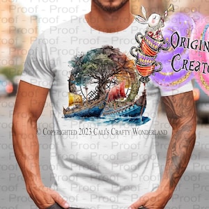 May include: A white t-shirt with a watercolor design of a tree with roots, a compass, and two ships sailing on the ocean. The text "COPYRIGHTED 2023 CALI'S CRAFTY WONDERLAND" is printed below the design.