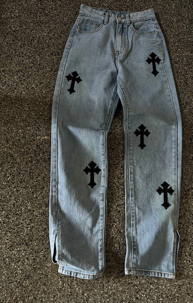 Handmade Light Wash Chrome Denim Jeans Y2k Cross Gothic Patch Etsy handmade-light-wash-chrome-denim-jeans-y2k-cross-gothic-patch-etsy
