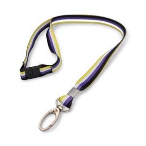 May include: A lanyard with a black, yellow, white and purple striped pattern. The lanyard has a silver swivel clip and a black plastic buckle.
