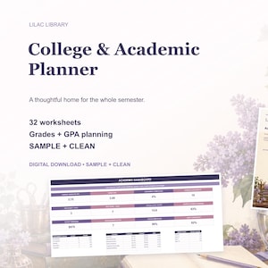 Könnte beinhalten: Ein digitaler College- und Studienplaner mit 32 Arbeitsblättern zur Planung von Noten und Notendurchschnitten. Die Darstellung enthält eine Tabelle mit dem Titel Academic Dashboard zur Verfolgung des akademischen Fortschritts.
