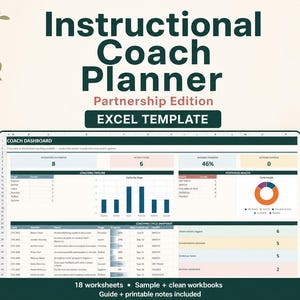 Pode incluir: Modelo de Excel Instructional Coach Planner Partnership Edition com um painel digital contendo tabelas de dados, um gráfico de barras e um gráfico de pizza. A interface exibe apoios educacionais, ciclos ativos, percentagens de progresso e métricas de coaching.