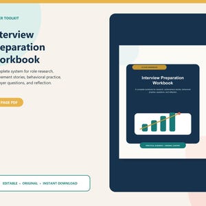 May include: An Interview Preparation Workbook digital document featuring a 23-page PDF. The cover displays the title, a description of the system for role research and behavioural practice, and a graphic showing a bar chart with an upward trend line.