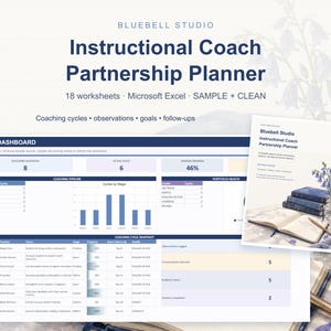 Könnte beinhalten: Bluebell Studio Instructional Coach Partnership Planner mit 18 Microsoft Excel-Arbeitsblättern. Das Dashboard zeigt Coaching-Zyklen, Beobachtungen, Ziele und Nachbereitungen mit Datentabellen, Balkendiagrammen und Fortschrittsmetriken in Blau und Weiß.