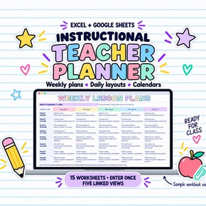 May include: A digital instructional teacher planner for Excel and Google Sheets featuring a weekly lesson plan template on a laptop screen, decorated with colourful stars, hearts, a pencil, and an apple icon on a lined paper background.