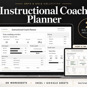 Può includere: Un modello digitale di Instructional Coach Planner visualizzato su due schermi di computer portatili. La dashboard mostra dati di riepilogo del coaching, progresso degli obiettivi, registri temporali e rapporti degli insegnanti. Il testo include Onyx & Gold Collection, 2 Editions Included, Ivory & Ink Included e 20 Worksheets Excel + Google Sheets.