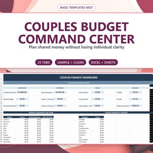 Puede incluir: Una plantilla de hoja de cálculo digital titulada COUPLES BUDGET COMMAND CENTER con el subtítulo Plan shared money without losing individual clarity. Incluye 25 pestañas, versiones de muestra y limpia, y compatibilidad con Excel y Google Sheets.