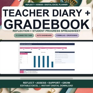 May include: A digital Excel planner titled Teacher Diary + Gradebook, featuring a reflection and student progress spreadsheet. The interface displays a dashboard with charts, data tables, and 15 connected tabs. Text includes Reflect + Assess, Auto Dashboard, Formulas + Dropdowns, and Reflect + Assess + Support + Grow.
