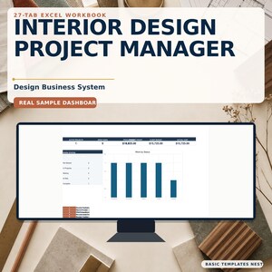May include: A 27-tab Excel workbook titled Interior Design Project Manager Design Business System displayed on a computer monitor. The screen shows a dashboard with project metrics, a work status table, and a bar chart visualizing work by status.