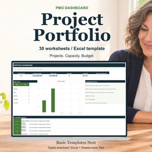 May include: A digital PMO dashboard project portfolio Excel template featuring 30 worksheets. The screen displays data tables, bar charts, and project metrics including budget, capacity, and utilization. Text includes Project Portfolio, Projects, Capacity, Budget, and Basic Templates Nest.
