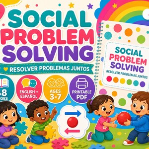 Op de afbeelding: Een digitaal educatief hulpmiddel getiteld SOCIAL PROBLEM SOLVING RESOLVER PROBLEMAS JUNTOS met een spiraalgebonden boek met kleurrijke stippen, vier ronde iconen en illustraties van vier kinderen die spelen met puzzelstukjes en een rode bal.