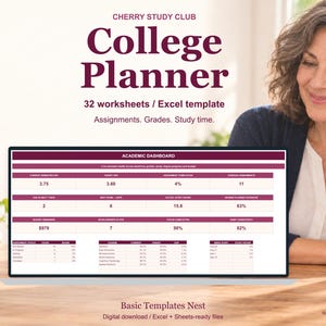 Op de afbeelding: Een digitale collegeplanner-sjabloon weergegeven op een laptopscherm, met een academisch dashboard met gegevenstabellen voor GPA, opdrachten, cijfers en studietijd. De interface bevat tekstlabels zoals Cherry Study Club en College Planner.