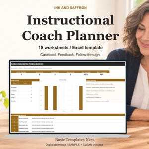 Op de afbeelding: Een digitale sjabloon voor een Instructional Coach Planner met 15 werkbladen en een Excel-dashboard. Het scherm toont een Coaching Impact Dashboard met gegevenstabellen, staafdiagrammen en een wekelijks schema voor voortgangsregistratie.