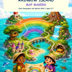 Könnte beinhalten: Ein farbenfrohes Lernblatt mit dem Titel RAINBOW ISLAND MAP MAKERS Early Geography and Spatial Skills | Ages 5-7. Es zeigt eine tropische Insel mit Regenbogen, Vulkan, Schloss und zwei Kindern, die eine Karte und einen Kompass halten.