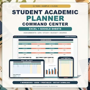Op de afbeelding: Een digitaal sjabloon voor een academische studentenplanner voor Excel en Google Sheets. De interface toont een academisch dashboard met grafieken, tabellen en gegevensvelden voor opdrachten, GPA, studie, budget en graad.