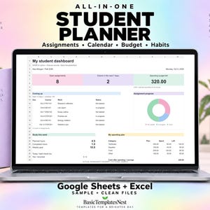 Modèle de calendrier étudiant pour Google Sheets et Excel, incluant un calendrier académique, un budget, un suivi des habitudes et de la moyenne générale.