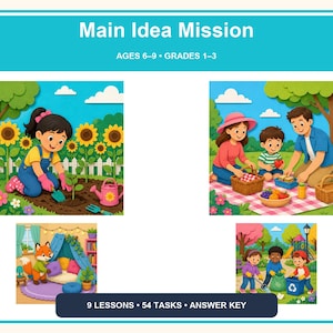 Może przedstawiać: Arkusz edukacyjny zatytułowany Main Idea Mission dla dzieci w wieku 6-9 lat i klas 1-3. Zawiera cztery kolorowe ilustracje: dziecko w ogrodzie, rodzinę na pikniku, lisa w namiocie do zabawy oraz dzieci sprzątające park. Zawiera 9 lekcji, 54 zadania i klucz odpowiedzi.