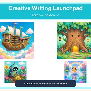 以下が含まれることがあります： 6〜9歳および1〜3年生向けのCreative Writing Launchpad教材。9つのレッスン、54の課題、解答キーが含まれています。空飛ぶ図書館船、ドアのある木、ロボット、紙のボートに乗る子供という4つのイラストが描かれています。